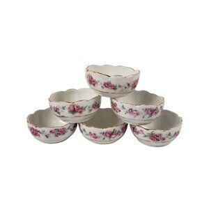 Open Salt Dish Set Rose Bud Pattern Round Bone China Gold Trim Lot of 6 Vintage